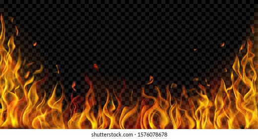 Translucent fire flames and sparks on transparent background. For used on dark illustrations. Transparency only in vector format