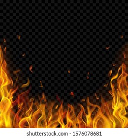 Translucent fire flames and sparks on transparent background. For used on dark illustrations. Transparency only in vector format