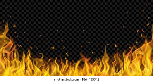 Translucent fire flames and sparks on transparent background. For used on dark illustrations. Transparency only in vector format