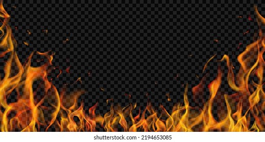 Translucent fire flames and sparks on transparent background. For used on dark illustrations. Transparency only in vector format