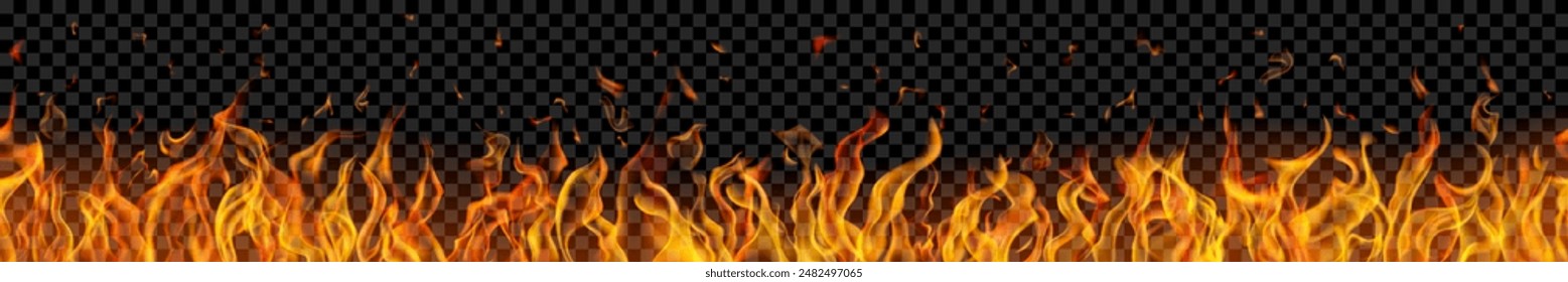 Translucent fire flames and sparks with seamless horizontal repetition on transparent background. For used on dark illustrations. Transparency only in vector format