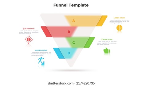 Translucent funnel chart or inverted pyramid diagram and four colorful layers. Concept of 4 levels of transparency. Minimal infographic design template. Modern flat vector illustration for banner.