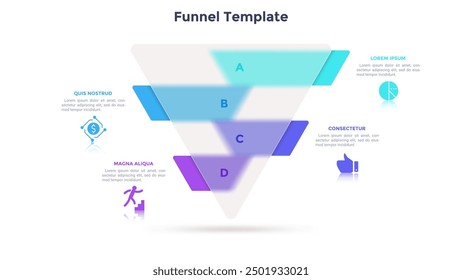 Translucent funnel chart or inverted pyramid diagram and four colorful layers. Concept of 4 levels of transparency. Minimal infographic design template. Modern flat vector illustration for banner.