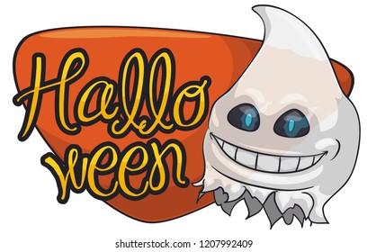 Translucent ghost with mischievous smile and wildfire in its eyes, disguised with white blanket ready to celebrate Halloween.