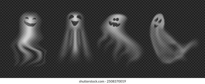 Translucent ghosts for Halloween decor. Vector isolated set of spirits with funny faces, apparitions and poltergeists for autumn holiday. Blurry undead eerie personages for haunted house