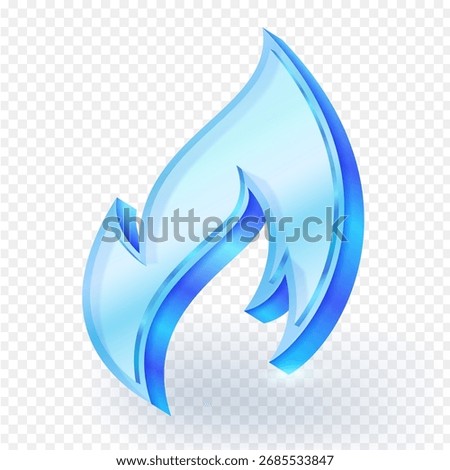Translucent glass blue flame or fire icon rendered in 3D. Concept for natural gas, cooling, energy, fuel, or a dynamic abstract design element. Vector illustration.