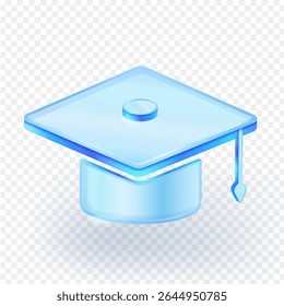 Ícone azul translúcido da tampa da graduação, simbolizando a educação, realização e aspirações futuras. Isolado no plano de fundo transparente. Ilustração de vetor 3d.