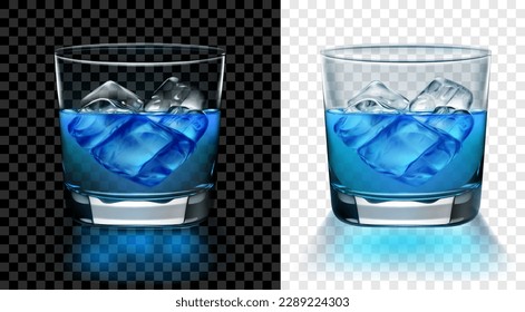 Vidrio translúcido de agua azul con cubos de hielo. Dos opciones para el fondo oscuro y claro. Transparencia sólo en formato vectorial