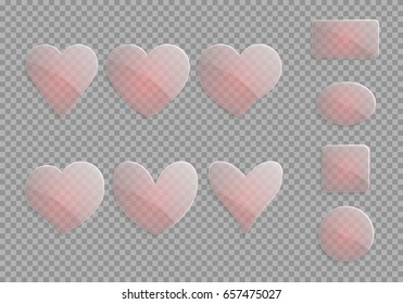 Translucent glass hearts on a checkered background. Elements of a romantic design on a transparent backdrop. Vector illustration
