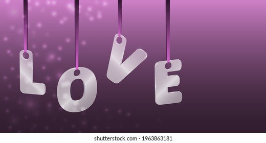 Translucent glass or plastic letters Love on pink silk ribbons on a pink background. Space for text. Vector illustration.