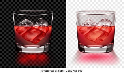 Un vaso translúcido de cóctel rojo con cubos de hielo. Dos opciones para el fondo oscuro y claro. Transparencia sólo en formato vectorial