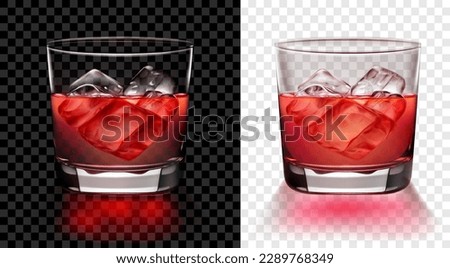 Translucent glass of red cocktail with ice cubes. Two options, for dark and light background. Transparency only in vector format