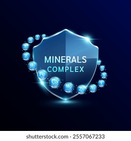Translucent glass shield modern surrounded by glowing blue calcium iron zinc and magnesium minerals. For design dietary supplement products. Medical health care immunity protection concept. Vector.