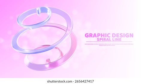 Anéis espirais de vidro translúcido flutuando no espaço rosa - loops curvos brilhantes com fluxo de gradiente roxo azul para layout de design gráfico moderno, marca tecnológica ou apresentação de arte digital criativa.