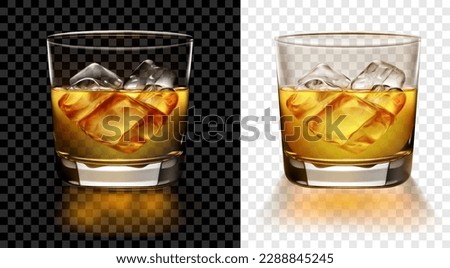 Translucent glass of whiskey with ice cubes. Two options, for dark and light background. Transparency only in vector format