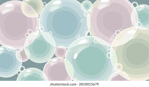 Translucent, glowing soap bubbles overlapping in serene pastel green, blue, and purple tones create a calm pattern.