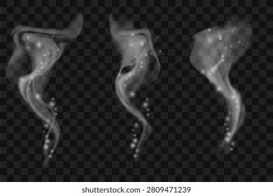Translucent gray smoke elements set isolated on transparent background. Realistic vector steam waves from hot tea, coffee cup, cigarette or food. Abstract fog and mist effects style Art.
