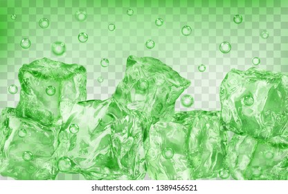 A lot of translucent green ice cubes and air bubbles under water on transparent background. Transparency only in vector format