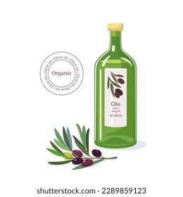 Translucent green litre bottle of extra virgin cold-pressed extra virgin olive oil. Branch of olive tree with leaves, ripe black fruits. Flat style vector illustration on isolated white background. 