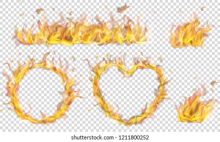 Translucent heart, ring, campfire and long banner of fire flame on transparent background. Transparency only in vector format