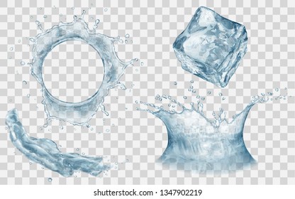 Translucent ice cube, splash and water crown with drops - top and side view. In gray colors, isolated on transparent backdrop. Transparency only in vector file