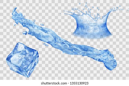 Translucent ice cube, splash and water crown with drops - side view. In blue colors, isolated on transparent backdrop. Transparency only in vector file