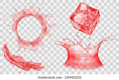 Translucent ice cube, splash and water crown with drops - top and side view. In red colors, isolated on transparent backdrop. Transparency only in vector file