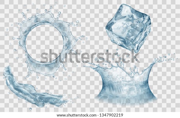 半透明の氷立方体 水しぶき 水滴と水冠 上面と側面図 透明な背景にグレーの色 ベクター画像ファイル内の透過性のみ のベクター画像素材 ロイヤリティフリー