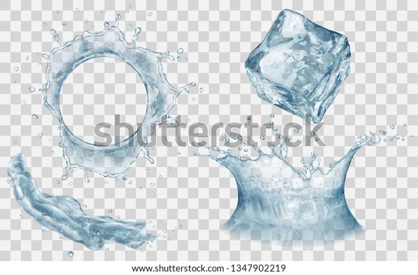 半透明の氷立方体 水しぶき 水滴と水冠 上面と側面図 透明な背景にグレーの色 ベクター画像ファイル内の透過性のみ のベクター画像素材 ロイヤリティフリー 1347902219