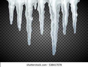 Translucent icicles in blue colors on transparent background. Vector illustration.