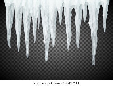 Translucent icicles in blue colors on transparent background. Vector illustration.