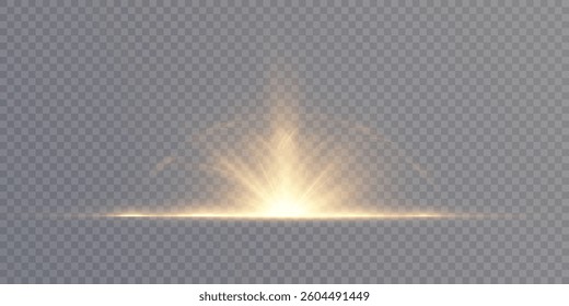 A translucent light effect with soft golden rays radiating upwards from a central flash. The element is isolated on a transparent background, suitable for use in design, editing and visual effects.