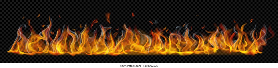 Translucent long horizontal fire flame with smoke on transparent background. For used on dark backgrounds. Transparency only in vector format