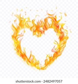 Translucent orange burning flames in the shape of a heart on transparent background. For used on light illustrations. Transparency only in vector format