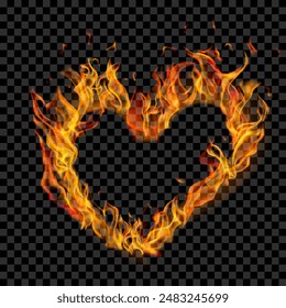 Translucent orange burning flames in the shape of a heart on transparent background. For used on dark illustrations. Transparency only in vector format