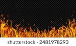 Translucent orange fire flames and sparks on transparent background. For used on dark illustrations. Transparency only in vector format