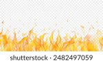 Translucent orange fire flames and sparks on transparent background. For used on light illustrations. Transparency only in vector format
