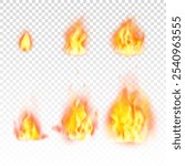 Translucent orange fire flames and sparks on transparent white background. Tongues of flames, fire flame realistic set. Burning elements, ignition effect, fireball energy icons