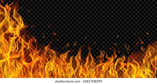 Translucent orange fire flames and sparks on transparent background. For used on dark illustrations. Transparency only in vector format