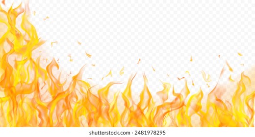 Translucent orange fire flames and sparks on transparent background. For used on light illustrations. Transparency only in vector format