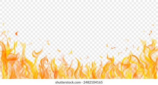 Translucent orange fire flames and sparks on transparent background. For used on light illustrations. Transparency only in vector format