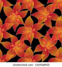 Translucent orange flowers seamless pattern. Vector ornamental floral background. Hand drawn doodle semitransparent Paisley flowers. Decorative ornate design with gold outline. Endless texture