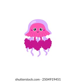 Translucent pink smiling jellyfish with big eyes and purple tentacles. Kawaii style. Inhabitant of the ocean and sea. Undersea world. Vector illustration isolated on white background.