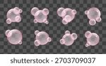 Translucent pink soap or collagen bubbles. Skincare cosmetics. Soft pink highlights. Playful bubble gum spheres 3D realistic vector set.