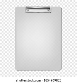 Translucent plastic clipboard on transparent background, realistic vector mock-up. Writing board with metal clip, mockup.