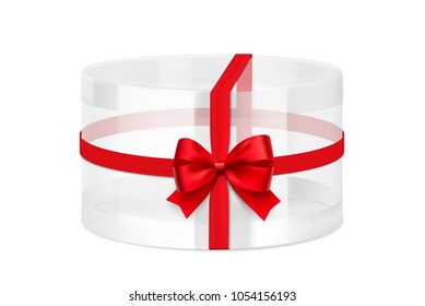 Translucent plastic jar with red bow. Vector illustration on white background. Layered file, easy to use for food, gifts, candy. EPS10.