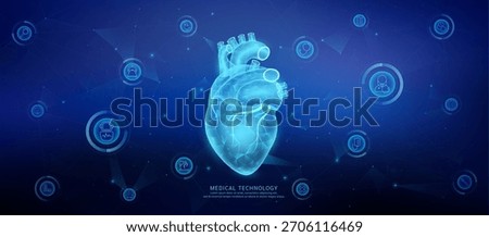 Translucent polygon heart organ connected medical technology network icons. Cyborg human collaboration. Health care technology digital. Banner vector.