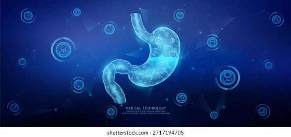 Translucent polygon stomach organ connected medical technology network icons. Cyborg human collaboration. Health care technology digital. Banner vector.