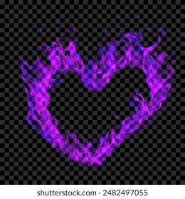 Translucent purple burning flames in the shape of a heart on transparent background. For used on dark illustrations. Transparency only in vector format