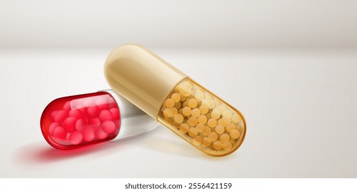 Translucent red and beige capsules with soft shadows, filled with smal medicine granules inside, lying on a white surface